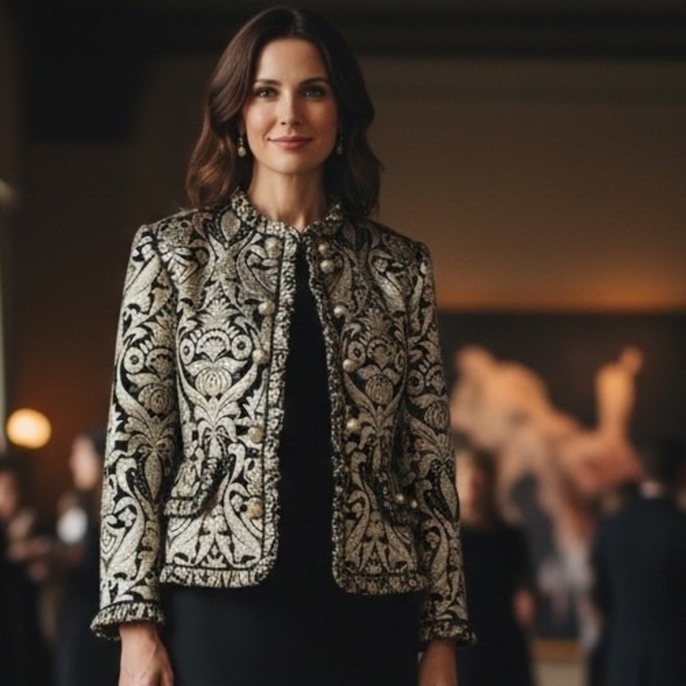 Kate Spade Madison Avenue Metallic Damask Brocade Ruffle Pearl Button Jacket 115